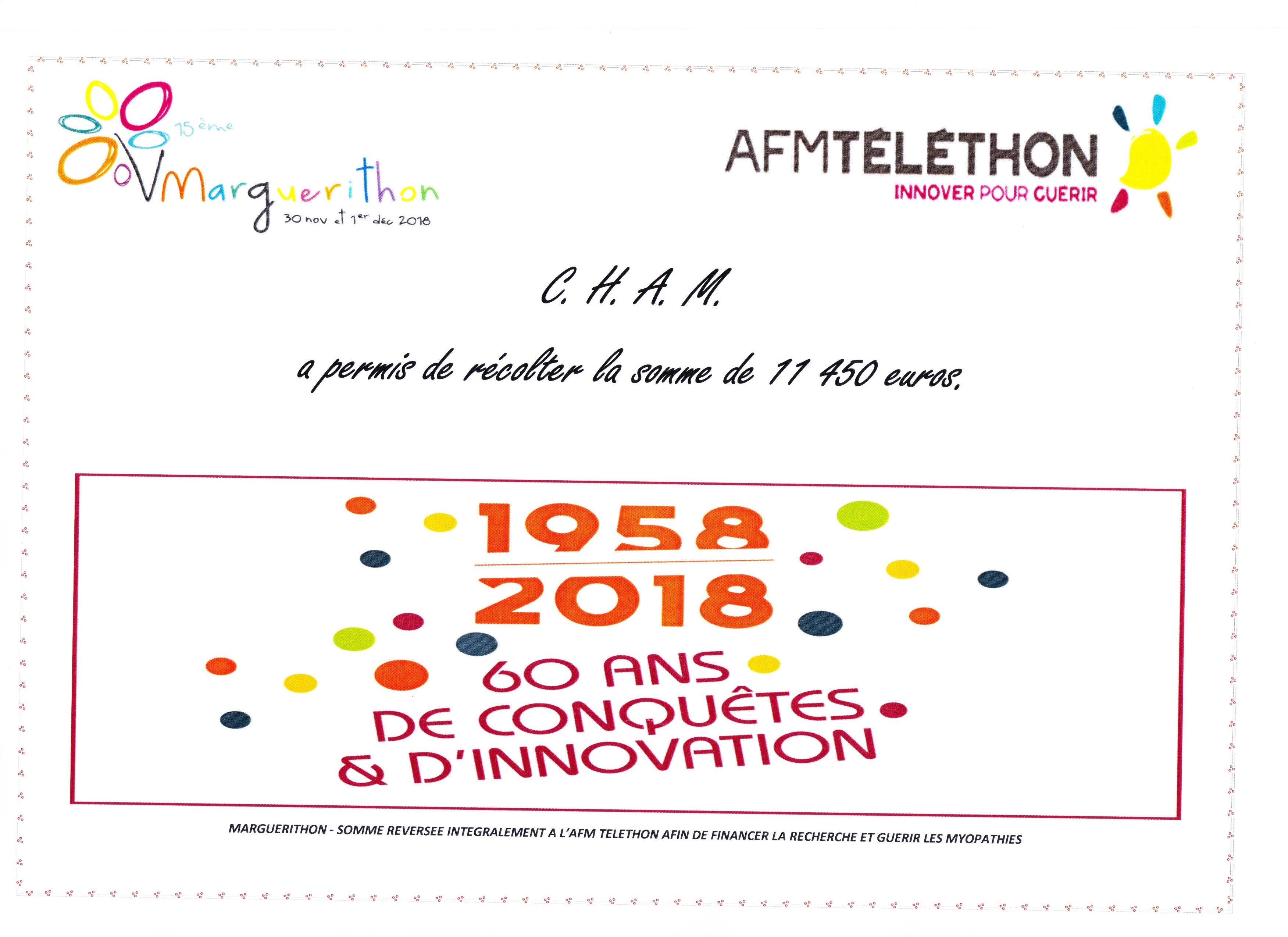 Diplôme participation du CHAM au Téléthon 2018
